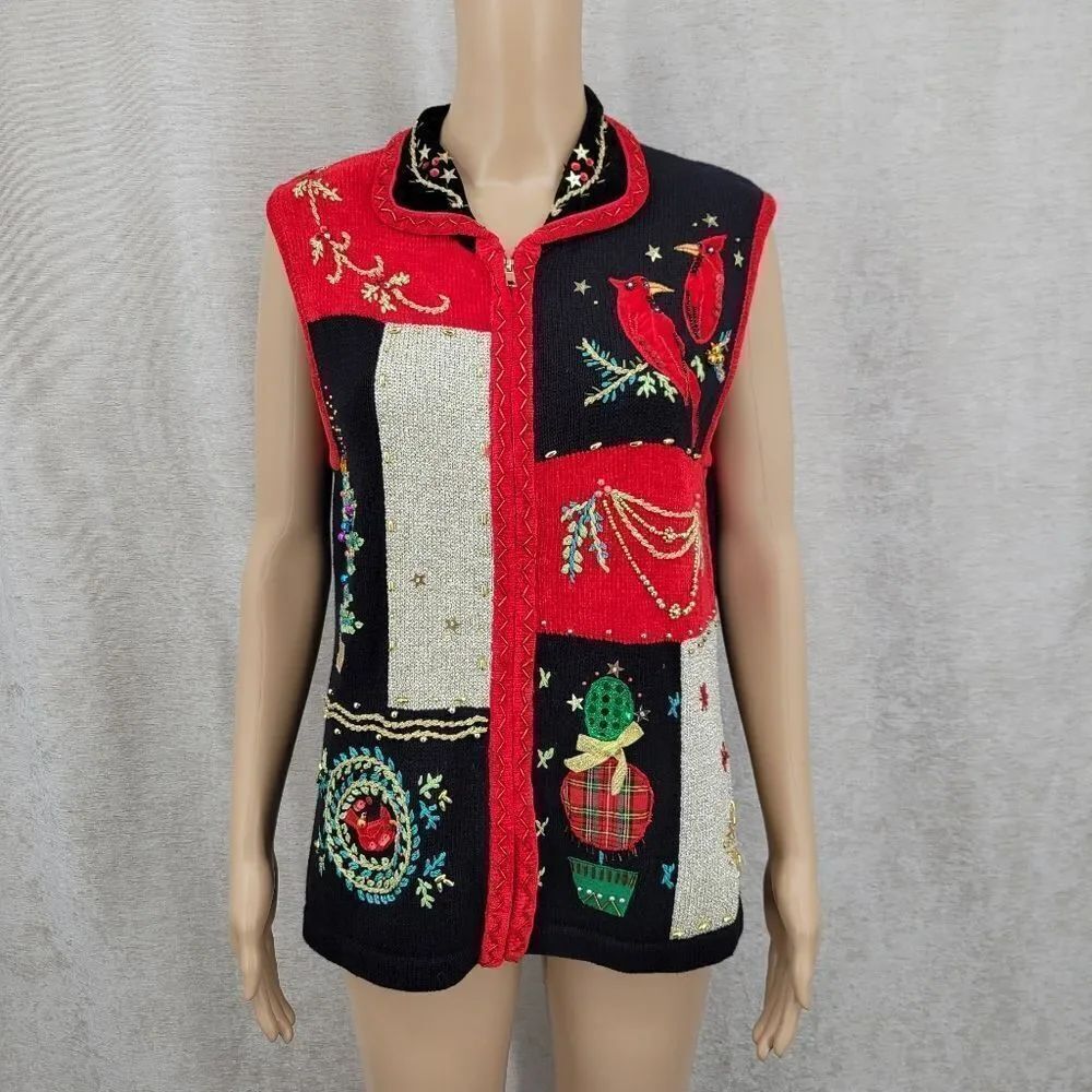 Lisa International Christmas Sweater Vest Red and Black Cardinals Winter